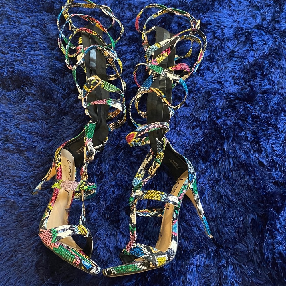 Lemon Drop by Privileged Trento multicolored snakeskin print gladiator sandals